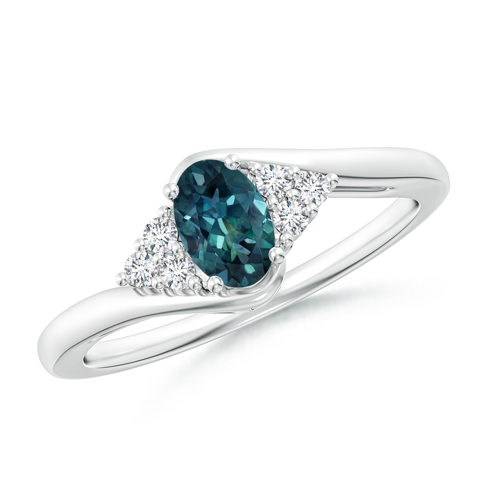 6x4mm AAA Oval Teal Montana Sapphire Bypass Ring with Trio Diamond Accents in P950 Platinum 