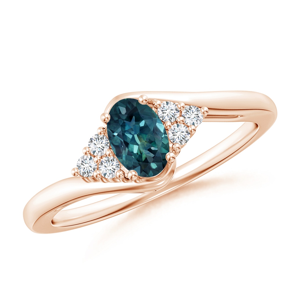 6x4mm AAA Oval Teal Montana Sapphire Bypass Ring with Trio Diamond Accents in Rose Gold
