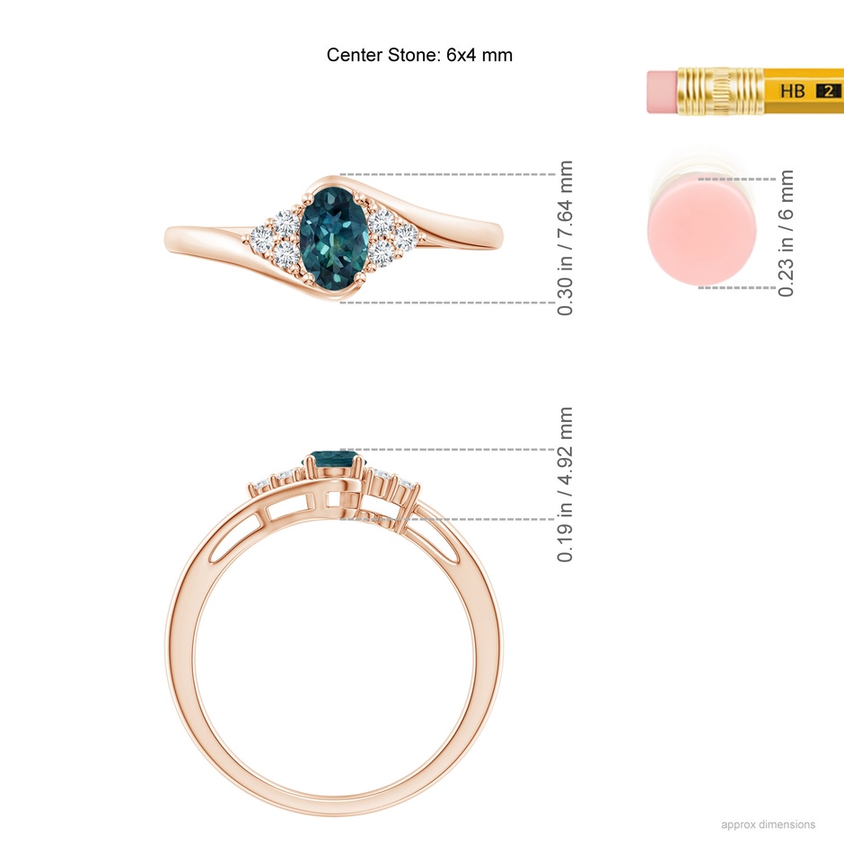6x4mm AAA Oval Teal Montana Sapphire Bypass Ring with Trio Diamond Accents in Rose Gold ruler