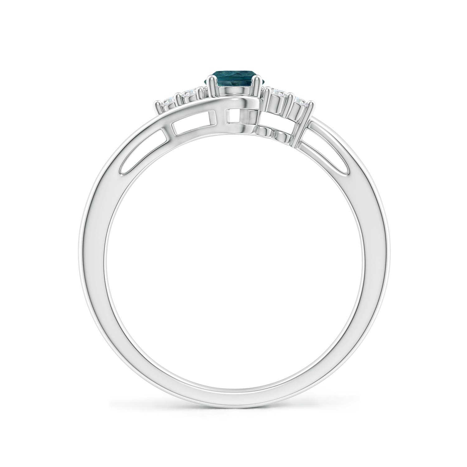 6x4mm AAA Oval Teal Montana Sapphire Bypass Ring with Trio Diamond Accents in White Gold - side 2