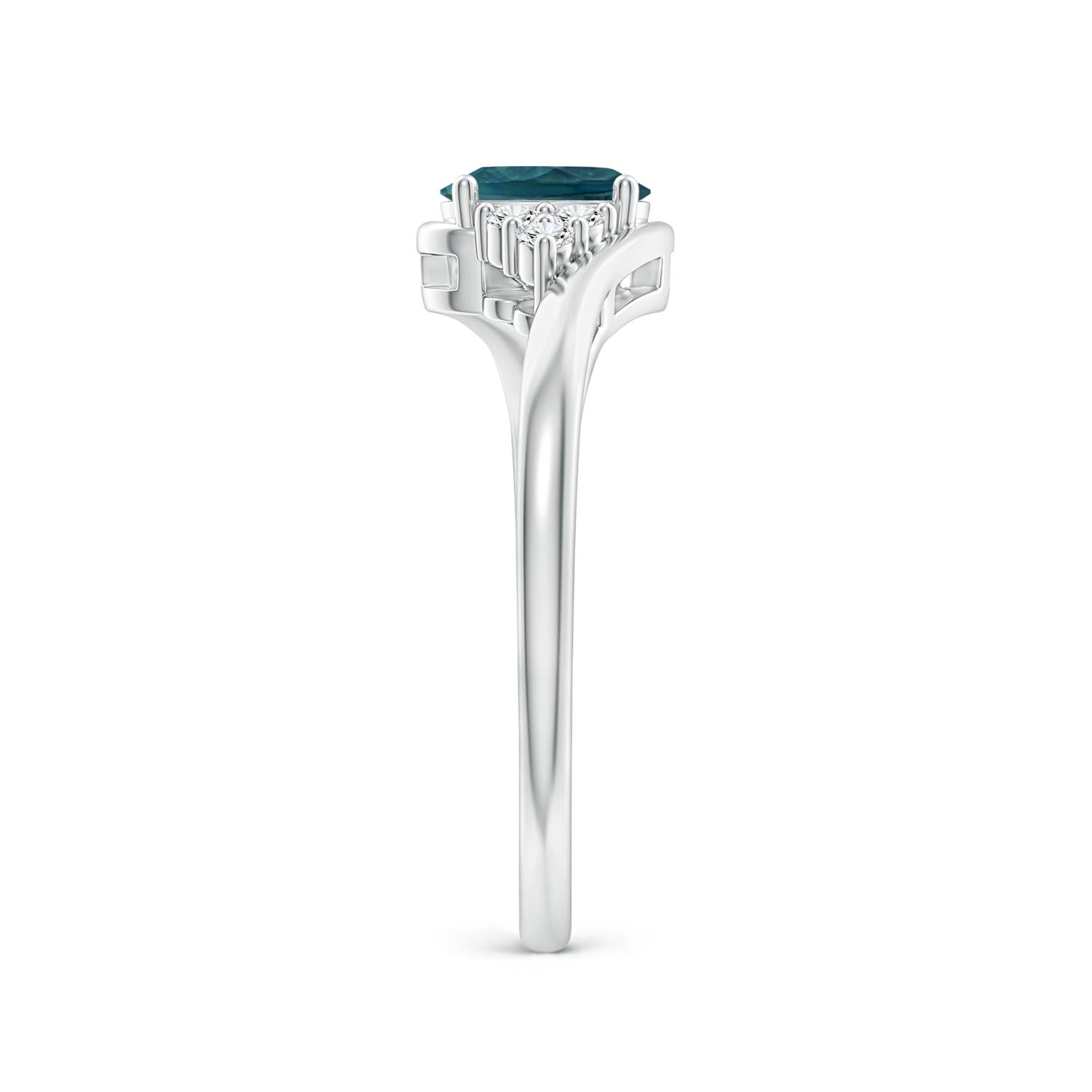 6x4mm AAA Oval Teal Montana Sapphire Bypass Ring with Trio Diamond Accents in White Gold - side 3