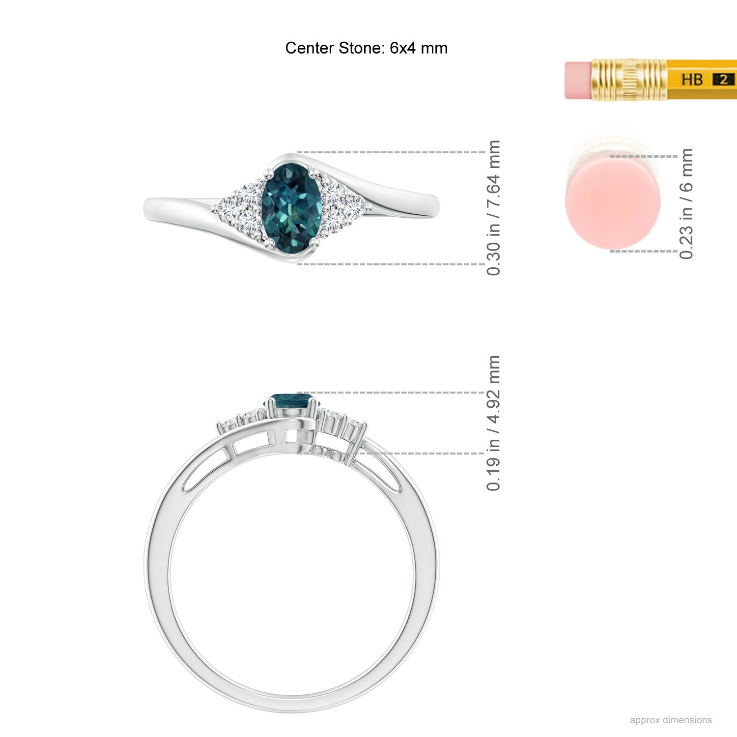 6x4mm AAA Oval Teal Montana Sapphire Bypass Ring with Trio Diamond Accents in White Gold - ruler