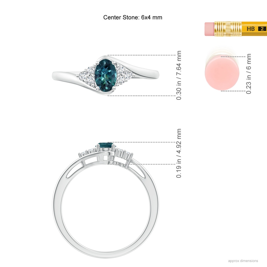 6x4mm AAA Oval Teal Montana Sapphire Bypass Ring with Trio Diamond Accents in White Gold ruler