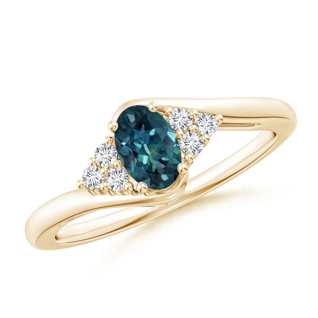 6x4mm AAA Oval Teal Montana Sapphire Bypass Ring with Trio Diamond Accents in Yellow Gold