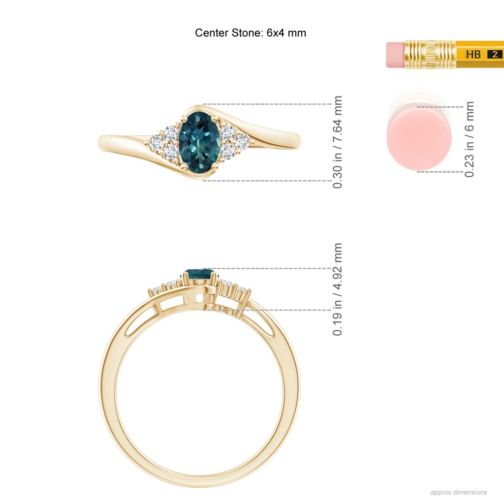 6x4mm AAA Oval Teal Montana Sapphire Bypass Ring with Trio Diamond Accents in Yellow Gold ruler