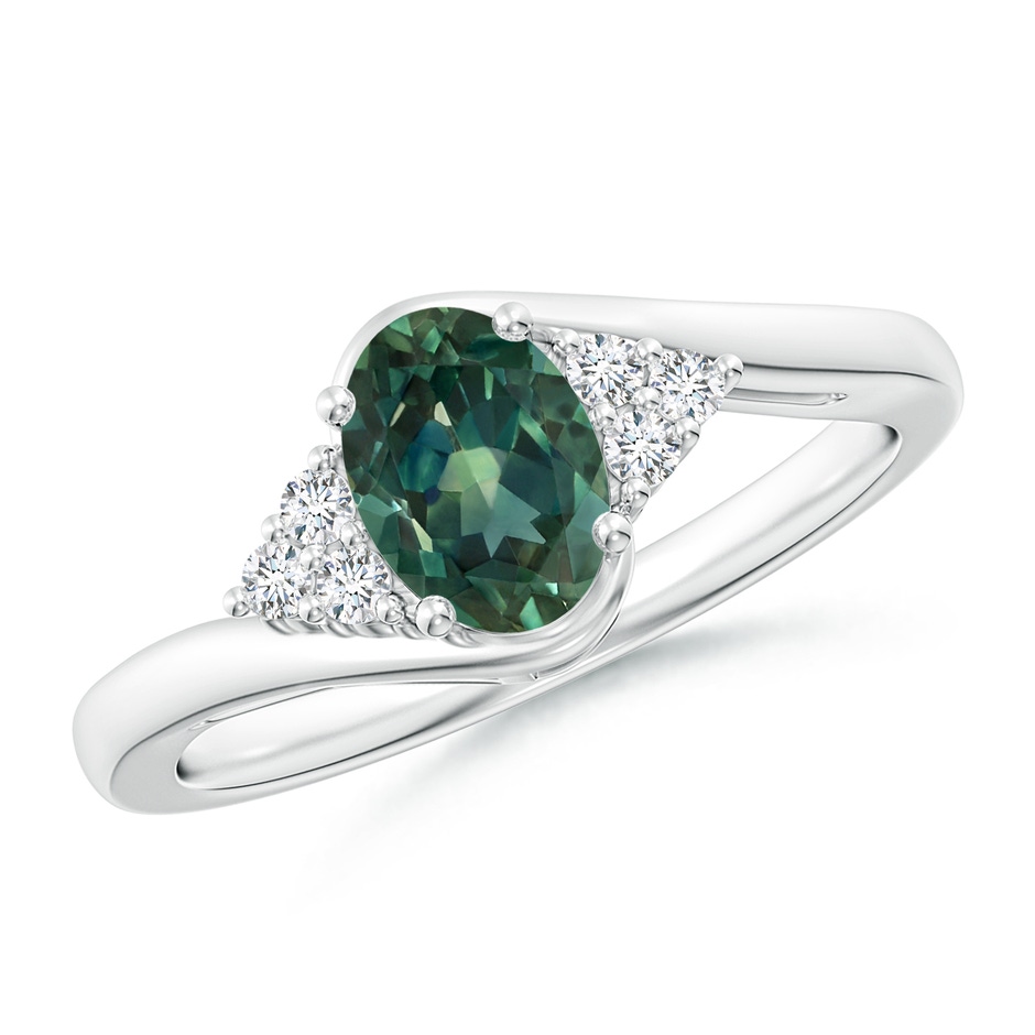 7x5mm AA Oval Teal Montana Sapphire Bypass Ring with Trio Diamond Accents in P950 Platinum 