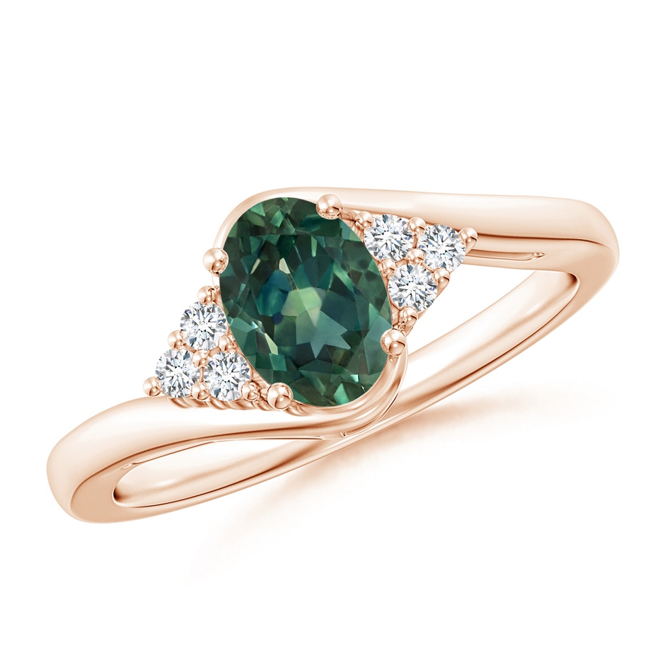 7x5mm AA Oval Teal Montana Sapphire Bypass Ring with Trio Diamond Accents in Rose Gold 