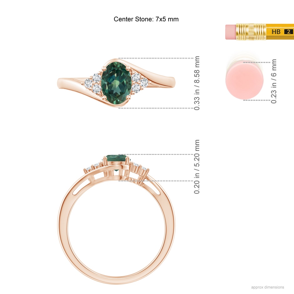 7x5mm AA Oval Teal Montana Sapphire Bypass Ring with Trio Diamond Accents in Rose Gold ruler