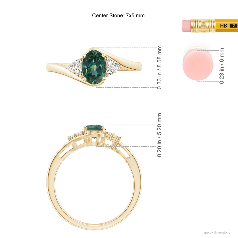 7x5mm AA Oval Teal Montana Sapphire Bypass Ring with Trio Diamond Accents in Yellow Gold ruler