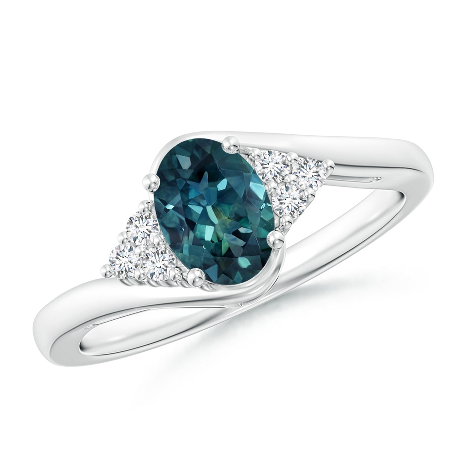 7x5mm AAA Oval Teal Montana Sapphire Bypass Ring with Trio Diamond Accents in P950 Platinum 