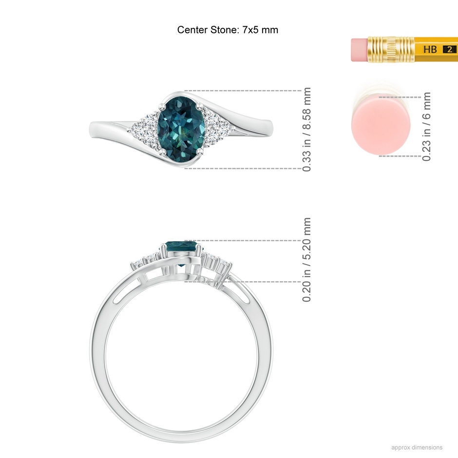7x5mm AAA Oval Teal Montana Sapphire Bypass Ring with Trio Diamond Accents in P950 Platinum ruler