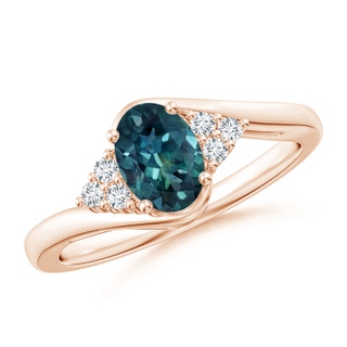 7x5mm AAA Oval Teal Montana Sapphire Bypass Ring with Trio Diamond Accents in Rose Gold