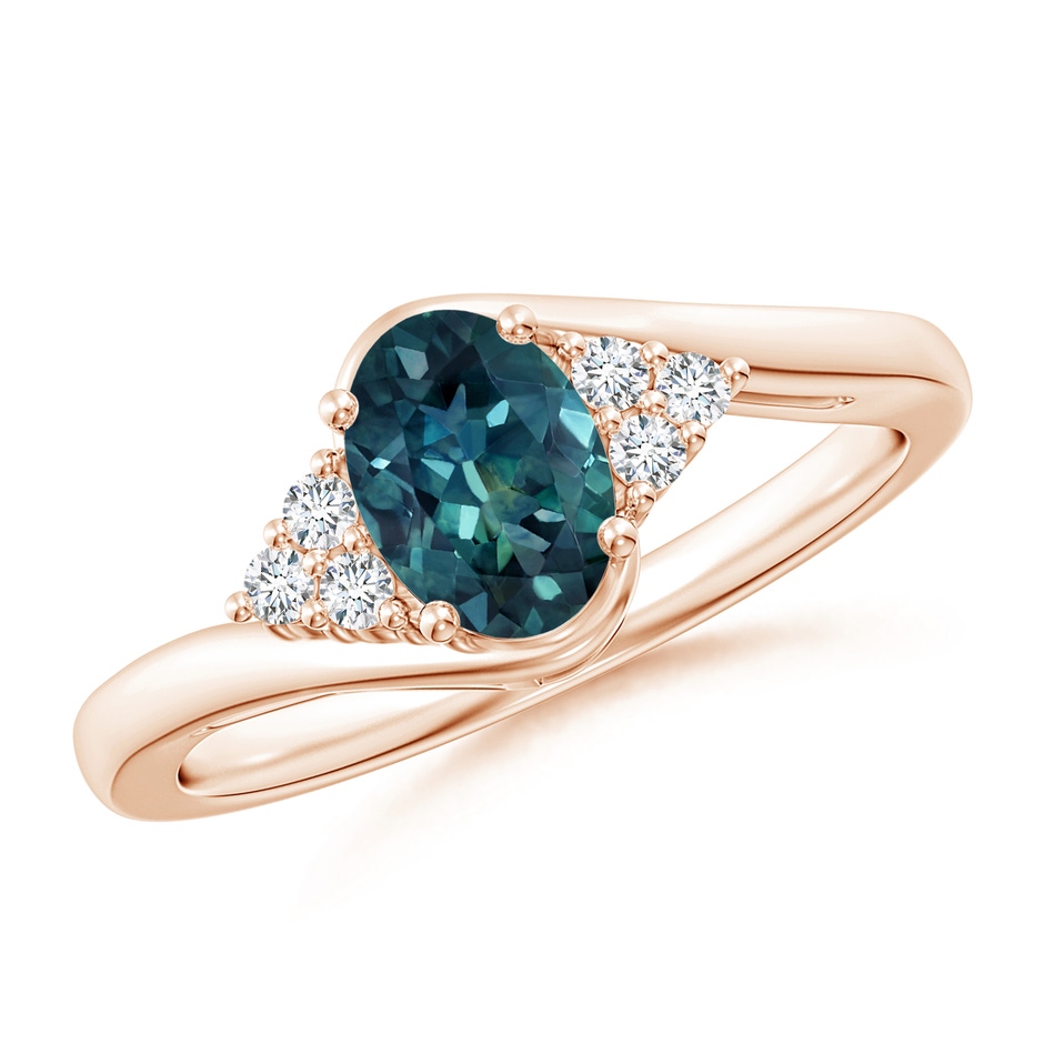 7x5mm AAA Oval Teal Montana Sapphire Bypass Ring with Trio Diamond Accents in Rose Gold 