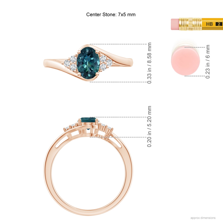 7x5mm AAA Oval Teal Montana Sapphire Bypass Ring with Trio Diamond Accents in Rose Gold ruler