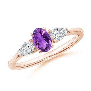 6x4mm AAA Oval Amethyst Three Stone Ring with Pear Diamonds in Rose Gold