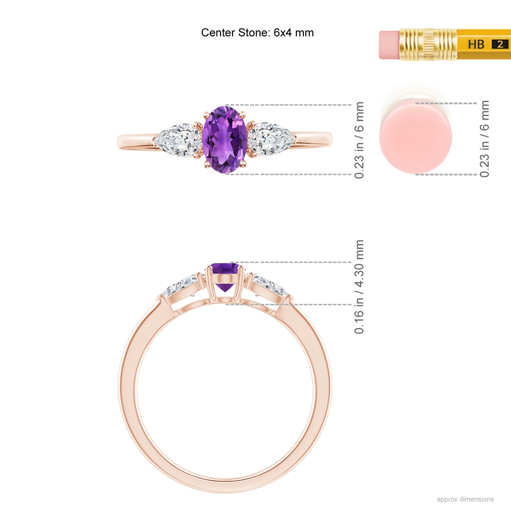6x4mm AAA Oval Amethyst Three Stone Ring with Pear Diamonds in Rose Gold Ruler