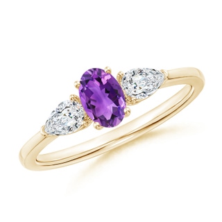 6x4mm AAA Oval Amethyst Three Stone Ring with Pear Diamonds in Yellow Gold