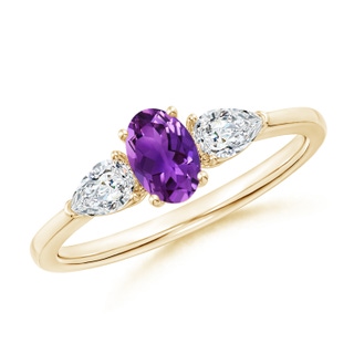 6x4mm AAAA Oval Amethyst Three Stone Ring with Pear Diamonds in Yellow Gold