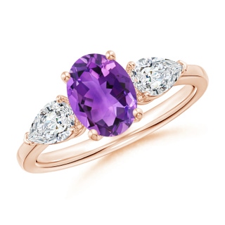 8x6mm AAA Oval Amethyst Three Stone Ring with Pear Diamonds in 9K Rose Gold