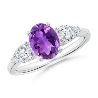 8x6mm AAA Oval Amethyst Three Stone Ring with Pear Diamonds in White Gold