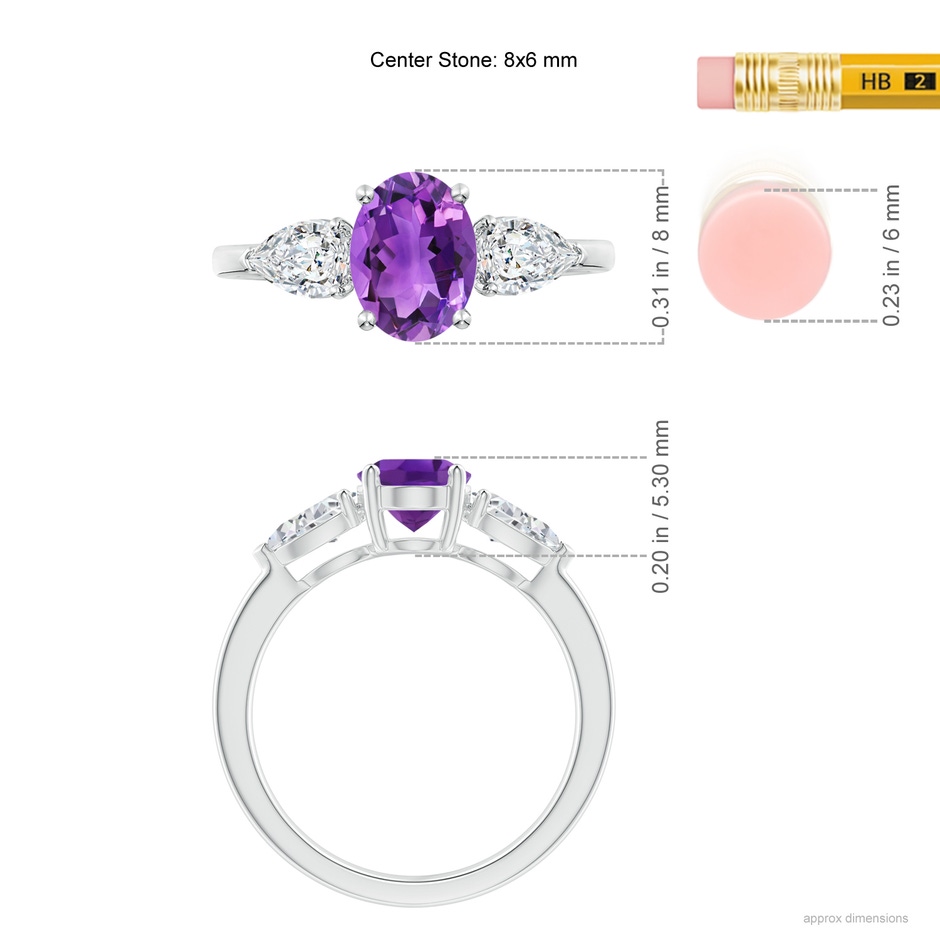 8x6mm AAA Oval Amethyst Three Stone Ring with Pear Diamonds in White Gold ruler