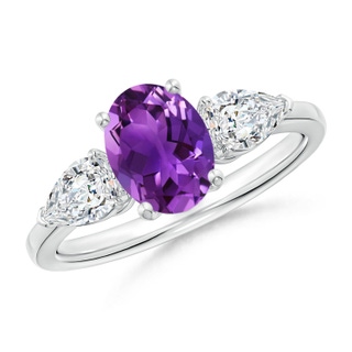 8x6mm AAAA Oval Amethyst Three Stone Ring with Pear Diamonds in P950 Platinum