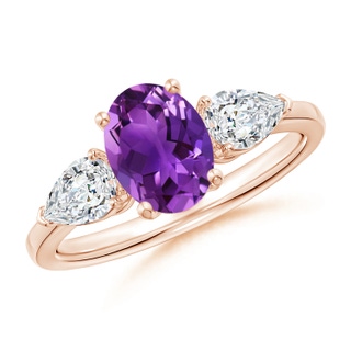8x6mm AAAA Oval Amethyst Three Stone Ring with Pear Diamonds in Rose Gold
