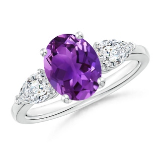 9x7mm AAAA Oval Amethyst Three Stone Ring with Pear Diamonds in P950 Platinum