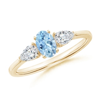 6x4mm AAA Oval Aquamarine Three Stone Ring with Pear Diamonds in Yellow Gold