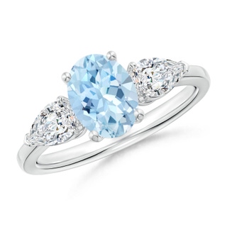 8x6mm AAA Oval Aquamarine Three Stone Ring with Pear Diamonds in P950 Platinum