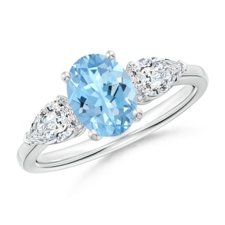 8x6mm AAAA Oval Aquamarine Three Stone Ring with Pear Diamonds in P950 Platinum