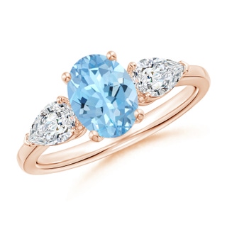 8x6mm AAAA Oval Aquamarine Three Stone Ring with Pear Diamonds in Rose Gold