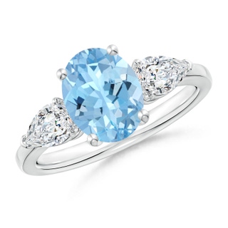 9x7mm AAAA Oval Aquamarine Three Stone Ring with Pear Diamonds in P950 Platinum