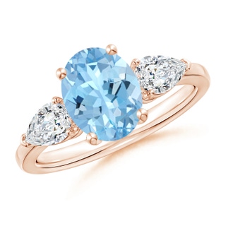 9x7mm AAAA Oval Aquamarine Three Stone Ring with Pear Diamonds in Rose Gold