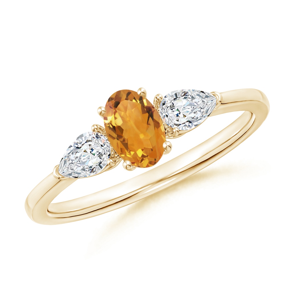 6x4mm AA Oval Citrine Three Stone Ring with Pear Diamonds in Yellow Gold