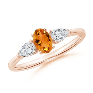 6x4mm AAA Oval Citrine Three Stone Ring with Pear Diamonds in Rose Gold
