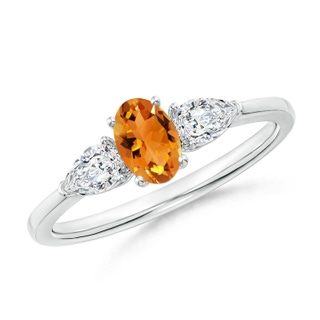 6x4mm AAA Oval Citrine Three Stone Ring with Pear Diamonds in White Gold