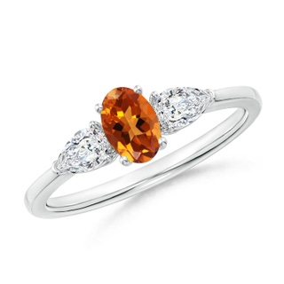 6x4mm AAAA Oval Citrine Three Stone Ring with Pear Diamonds in White Gold