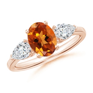 8x6mm AAAA Oval Citrine Three Stone Ring with Pear Diamonds in Rose Gold