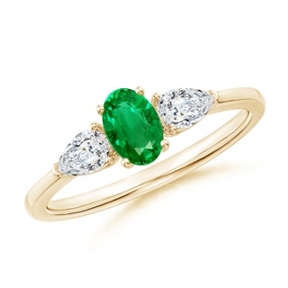 6x4mm AAA Oval Emerald Three Stone Ring with Pear Diamonds in Yellow Gold