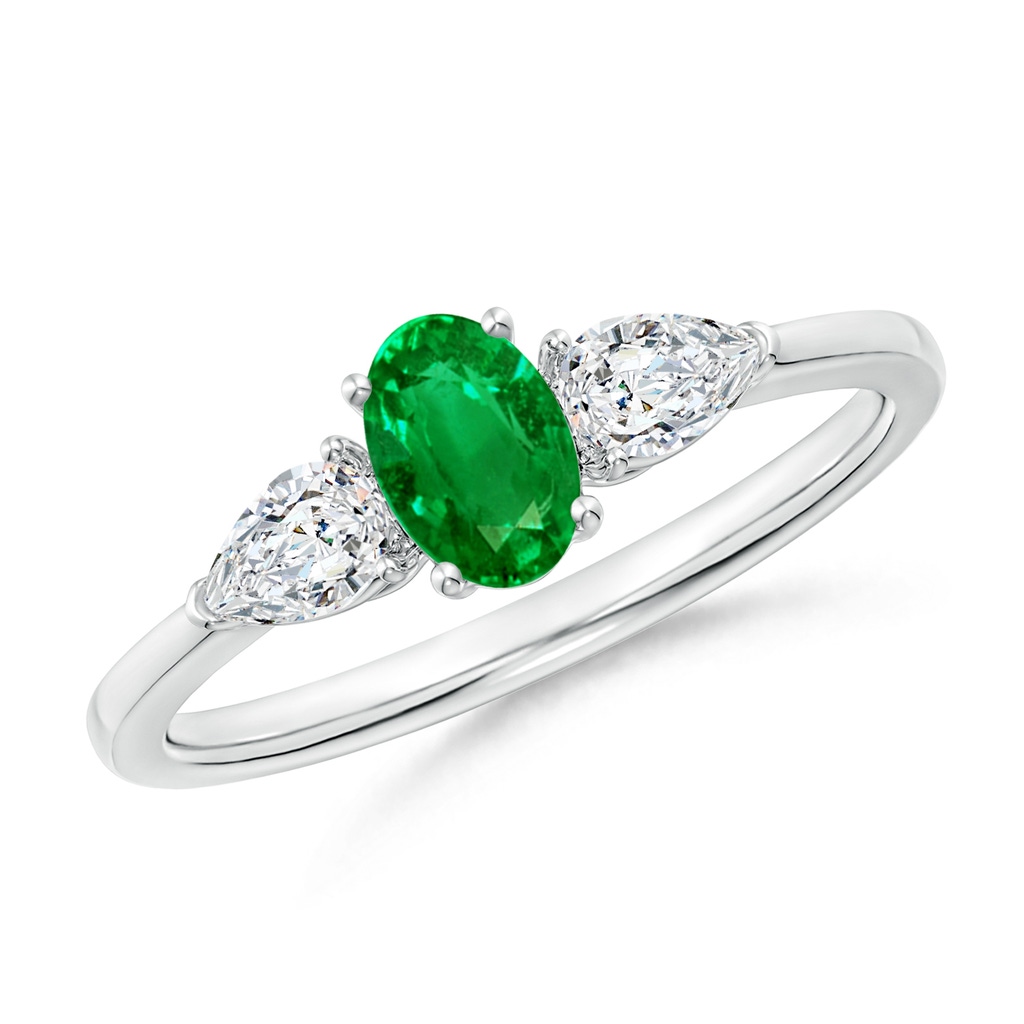 6x4mm AAAA Oval Emerald Three Stone Ring with Pear Diamonds in P950 Platinum