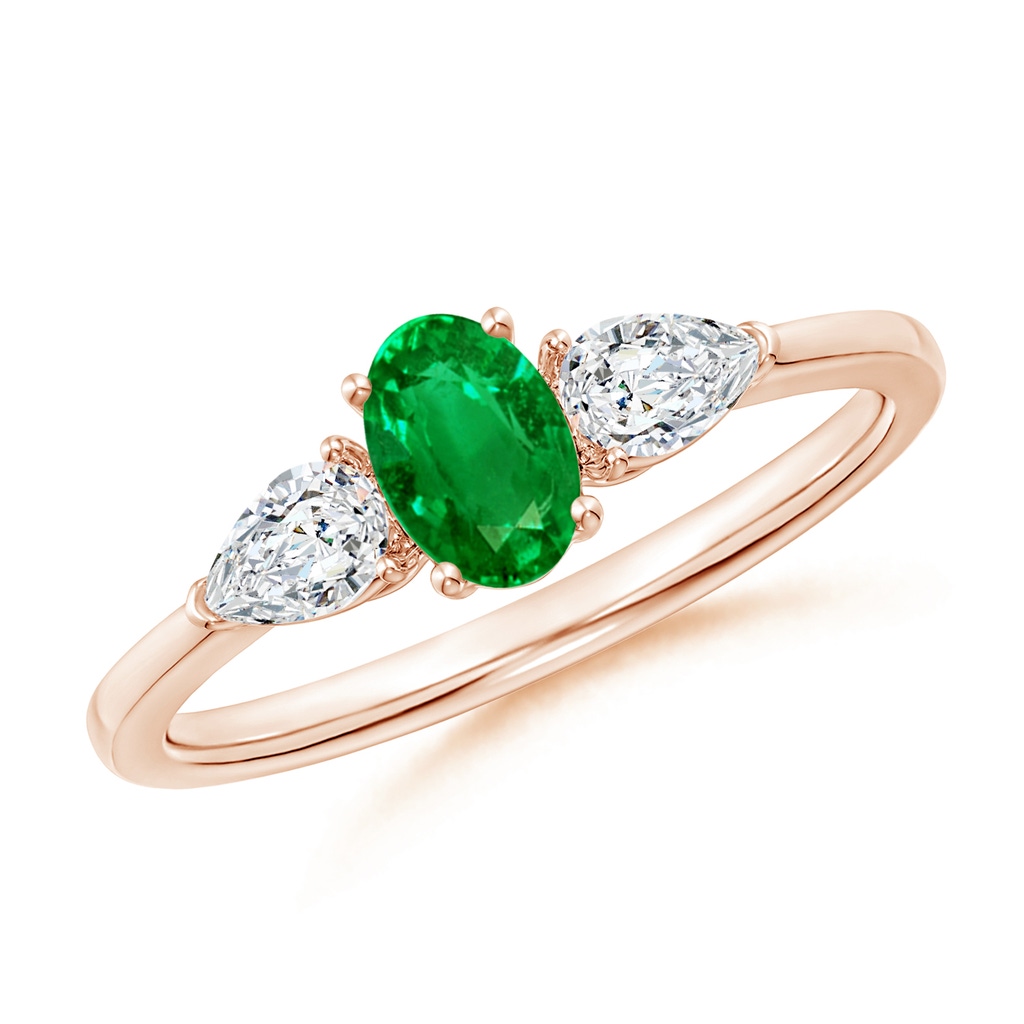 6x4mm AAAA Oval Emerald Three Stone Ring with Pear Diamonds in Rose Gold