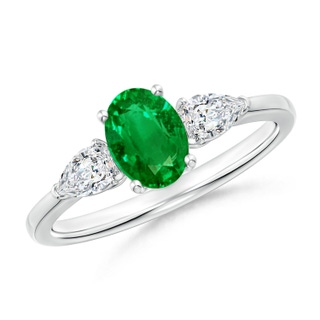 7x5mm AAAA Oval Emerald Three Stone Ring with Pear Diamonds in P950 Platinum