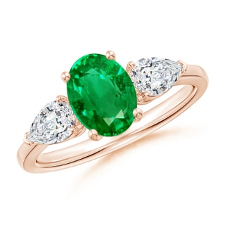 8x6mm AAA Oval Emerald Three Stone Ring with Pear Diamonds in 9K Rose Gold