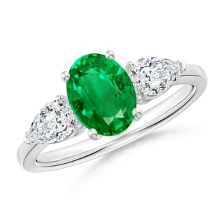 8x6mm AAA Oval Emerald Three Stone Ring with Pear Diamonds in P950 Platinum