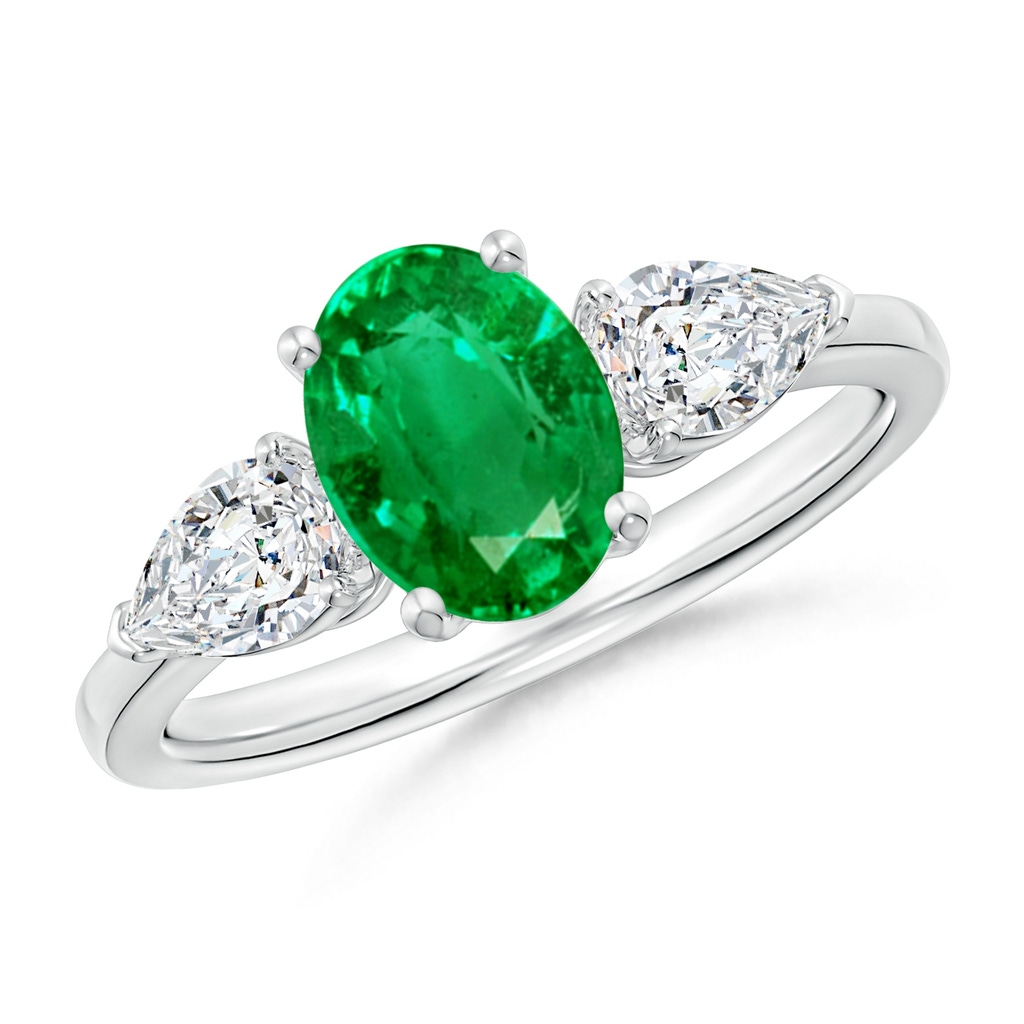 8x6mm AAA Oval Emerald Three Stone Ring with Pear Diamonds in White Gold