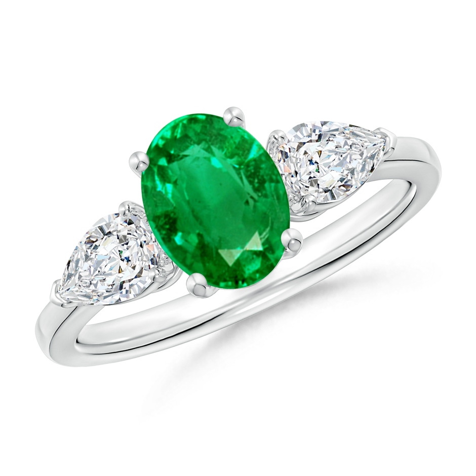 8x6mm AAA Oval Emerald Three Stone Ring with Pear Diamonds in White Gold 