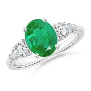 9x7mm AA Oval Emerald Three Stone Ring with Pear Diamonds in P950 Platinum