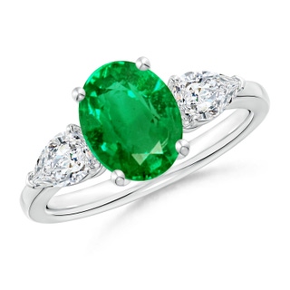 9x7mm AAA Oval Emerald Three Stone Ring with Pear Diamonds in P950 Platinum