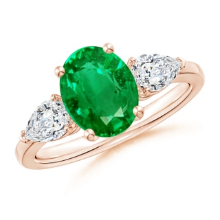 9x7mm AAA Oval Emerald Three Stone Ring with Pear Diamonds in Rose Gold